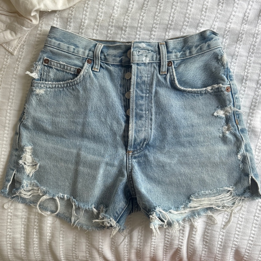 Agolde Light Blue Distressed Denim Shorts